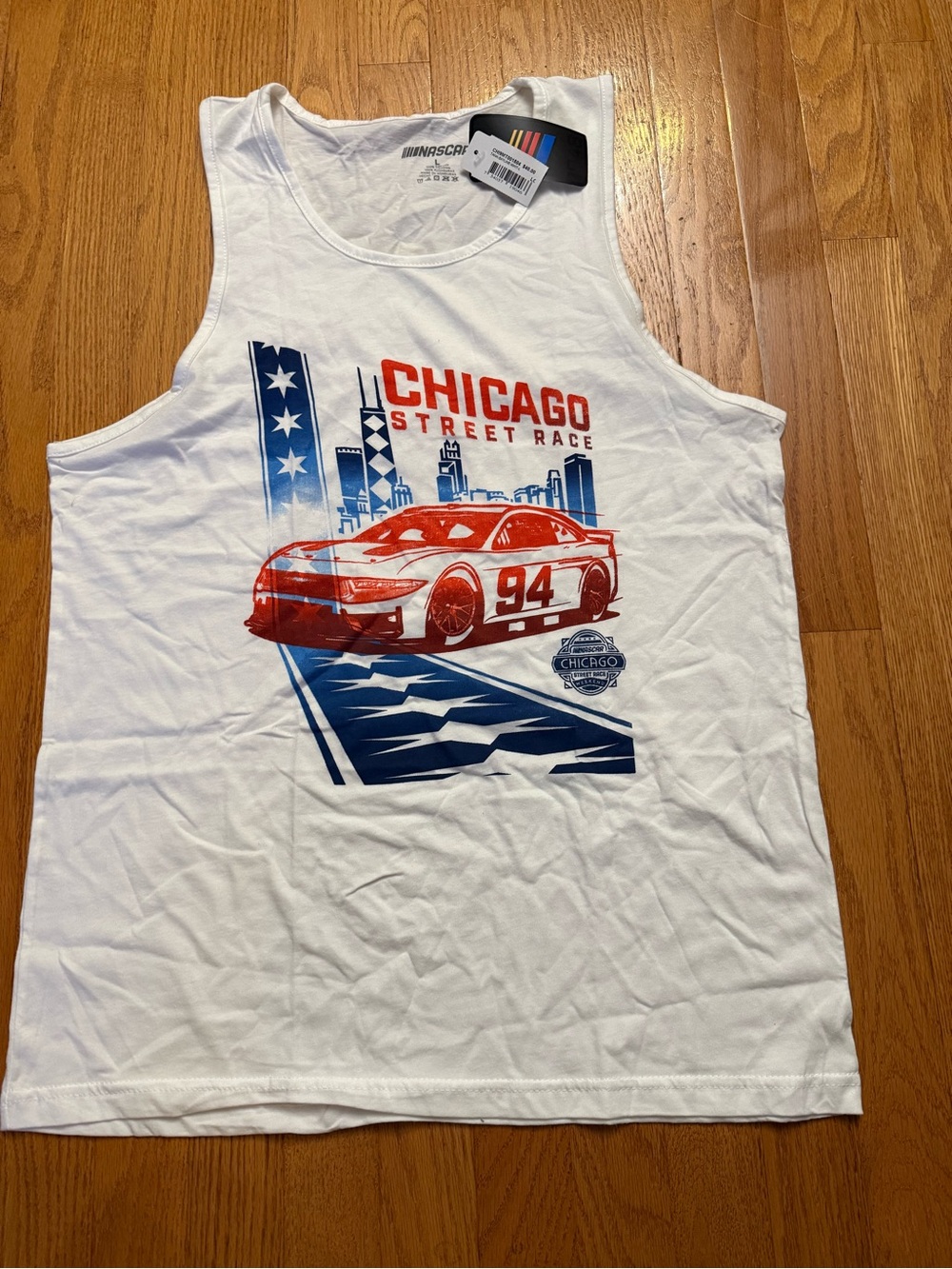 Nascar White Tank Top with Red & Blue Chicago Race Graphic